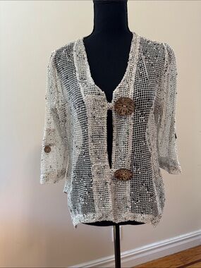 Nina Leonard Open-Weave Cardigan in Cream